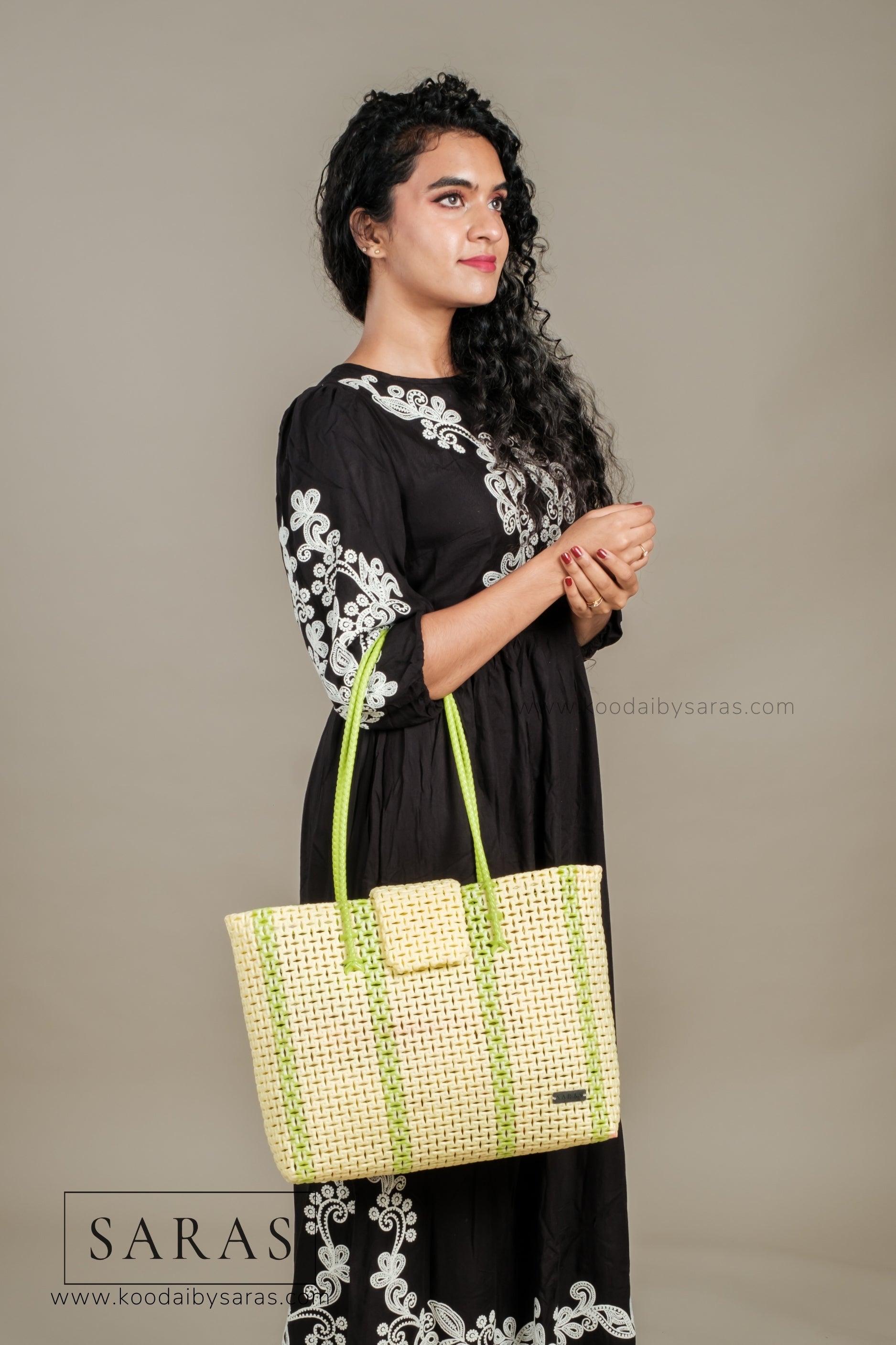 Pastel Yellow Green Tote Koodai - With Flap Closure - SARAS