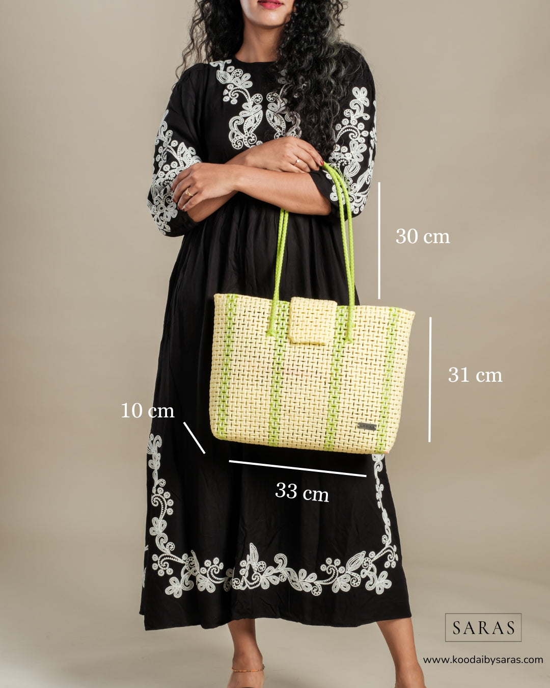 Pastel Yellow Green Tote Koodai - With Flap Closure - SARAS